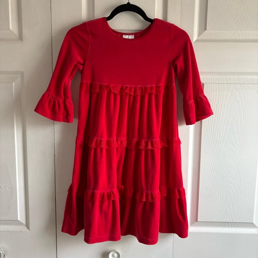 Hanna Andersson Velour Dress 130 8 Red Bell Sleeve Flutter Holiday Tulle Festive